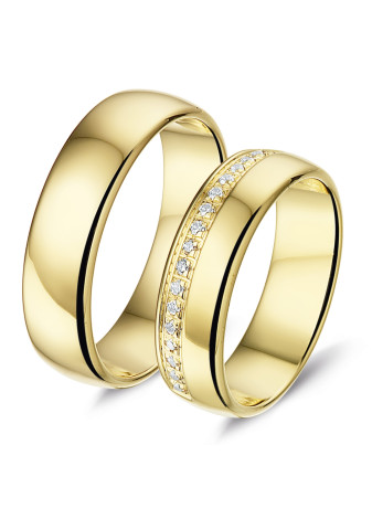 L560 brede gouden trouwringen met strak gezet 0.17 crt. briljant