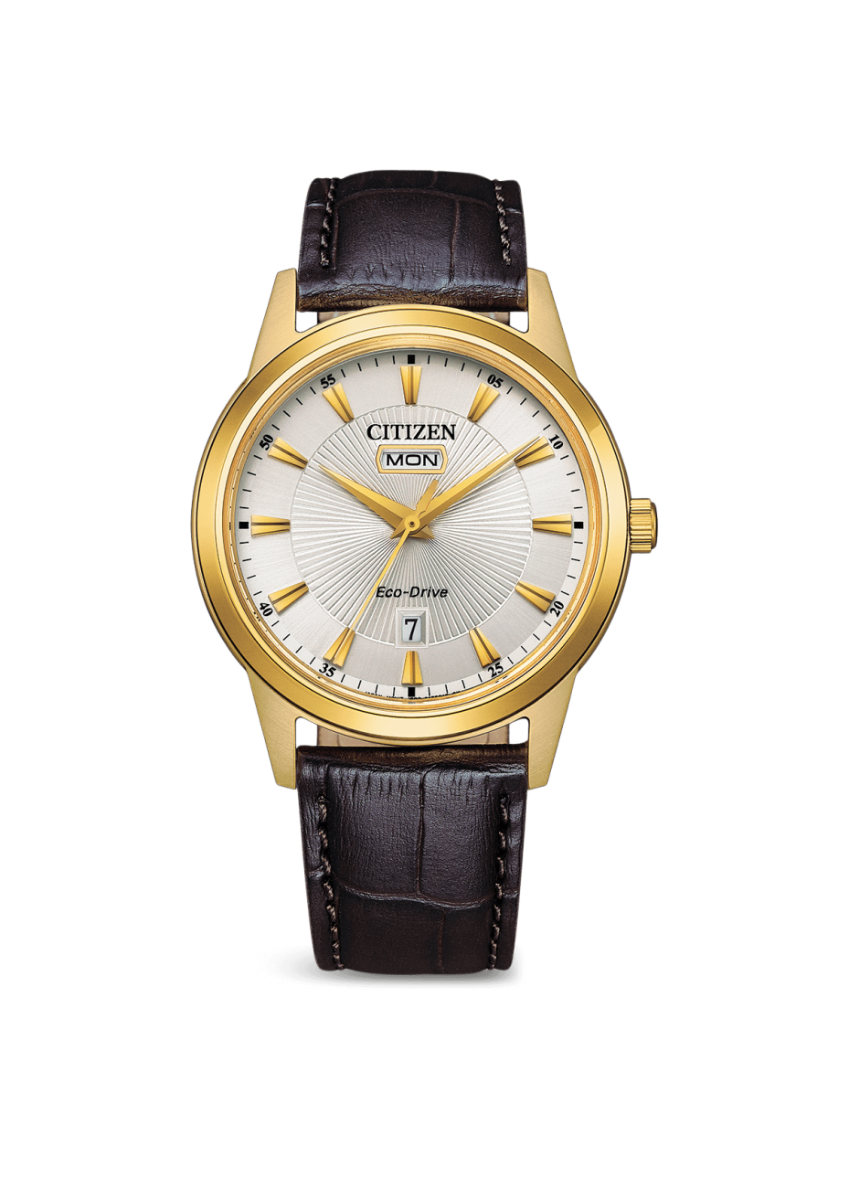 AW0102-13A Doublé Citizen herenhorloge met bruin leren band