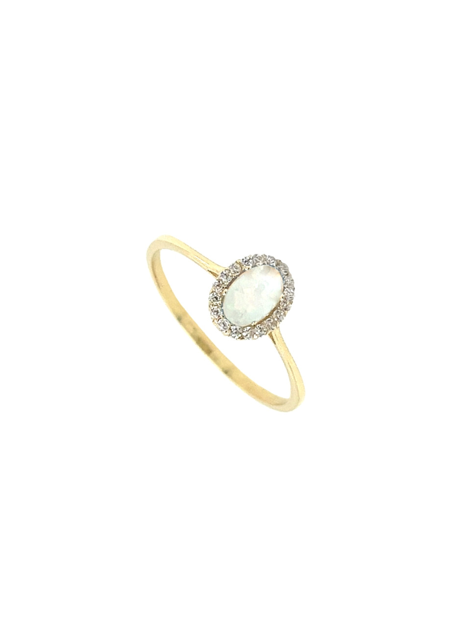 Aanzoeksring GR443 goud met synth. witte opaal