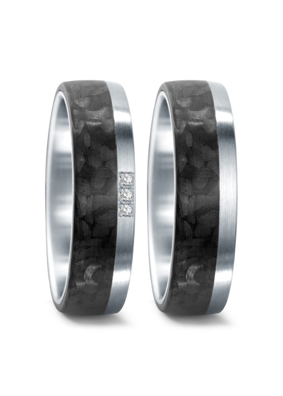 59653-003-003-1060 Teno staal met Carbon trouwringen met 0.03 crt. briljant 6 mm