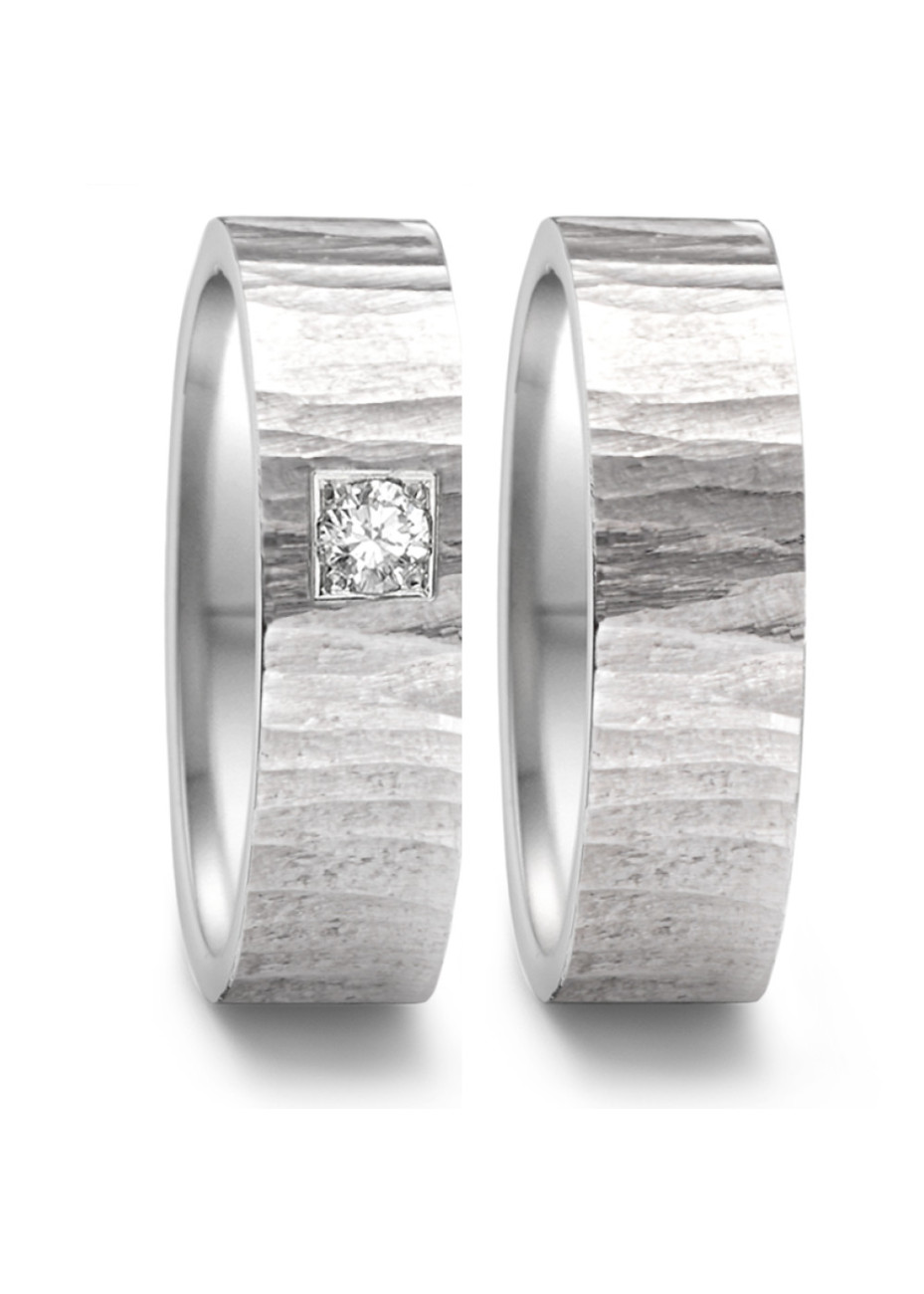 469.13P01.XX Boomschorsmotief stalen trouwringen met 0.06 briljant Teno 6 mm