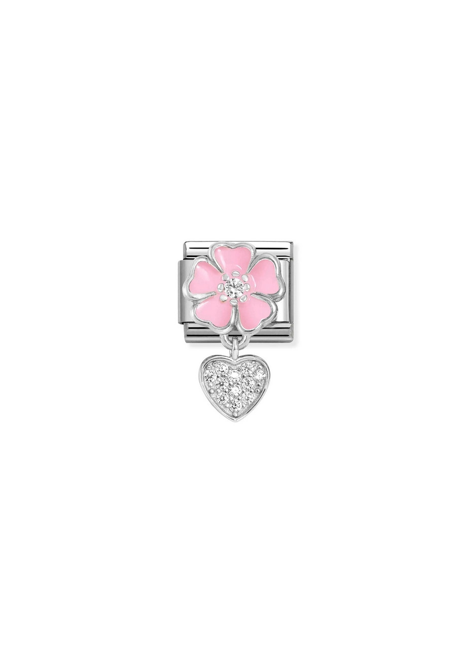 33181401 Zilveren bloem roze met hangend hart zirconia
