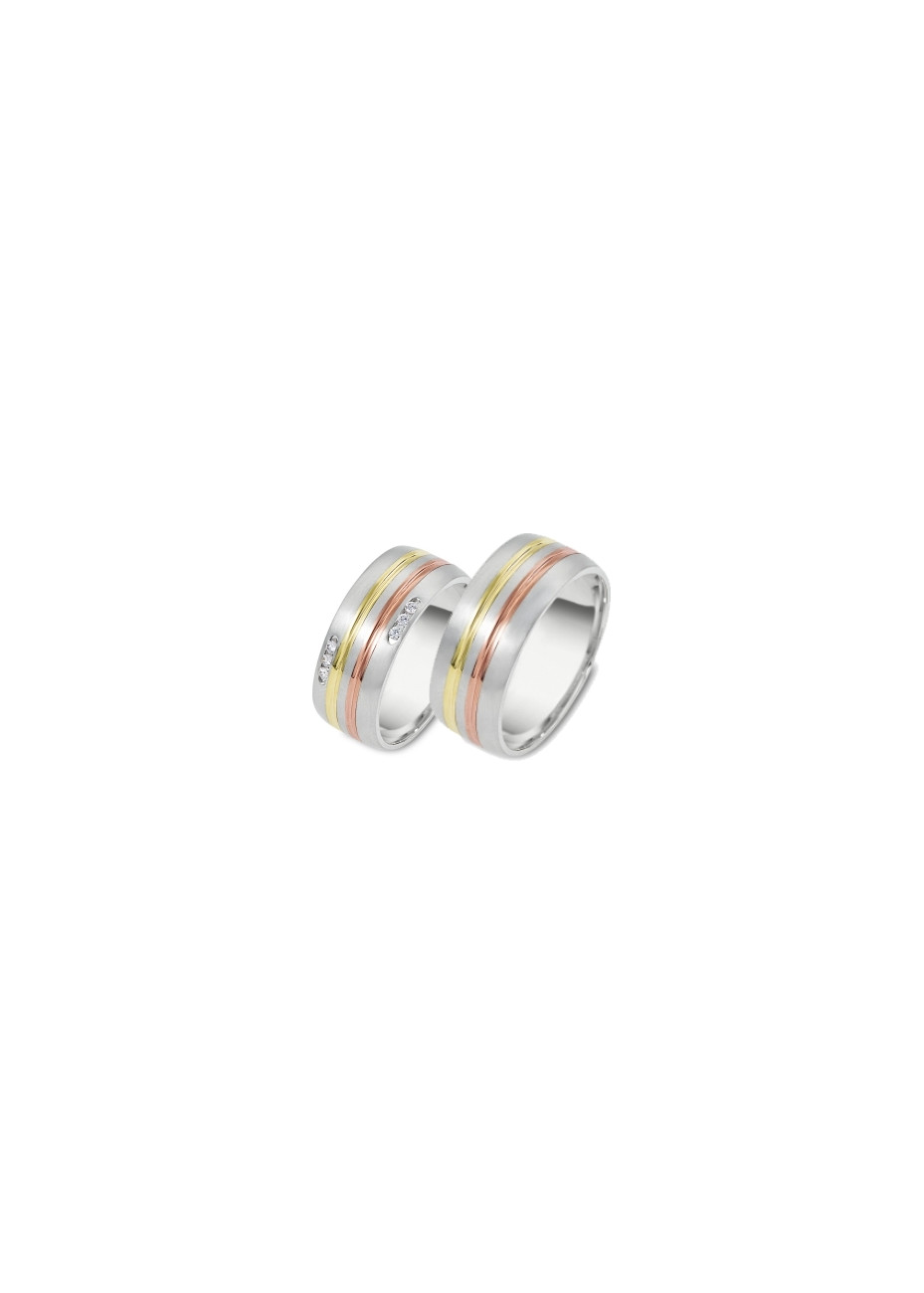 0807 Trouwringen tricolour goud met 6x0.01 crt briljant 8 mm