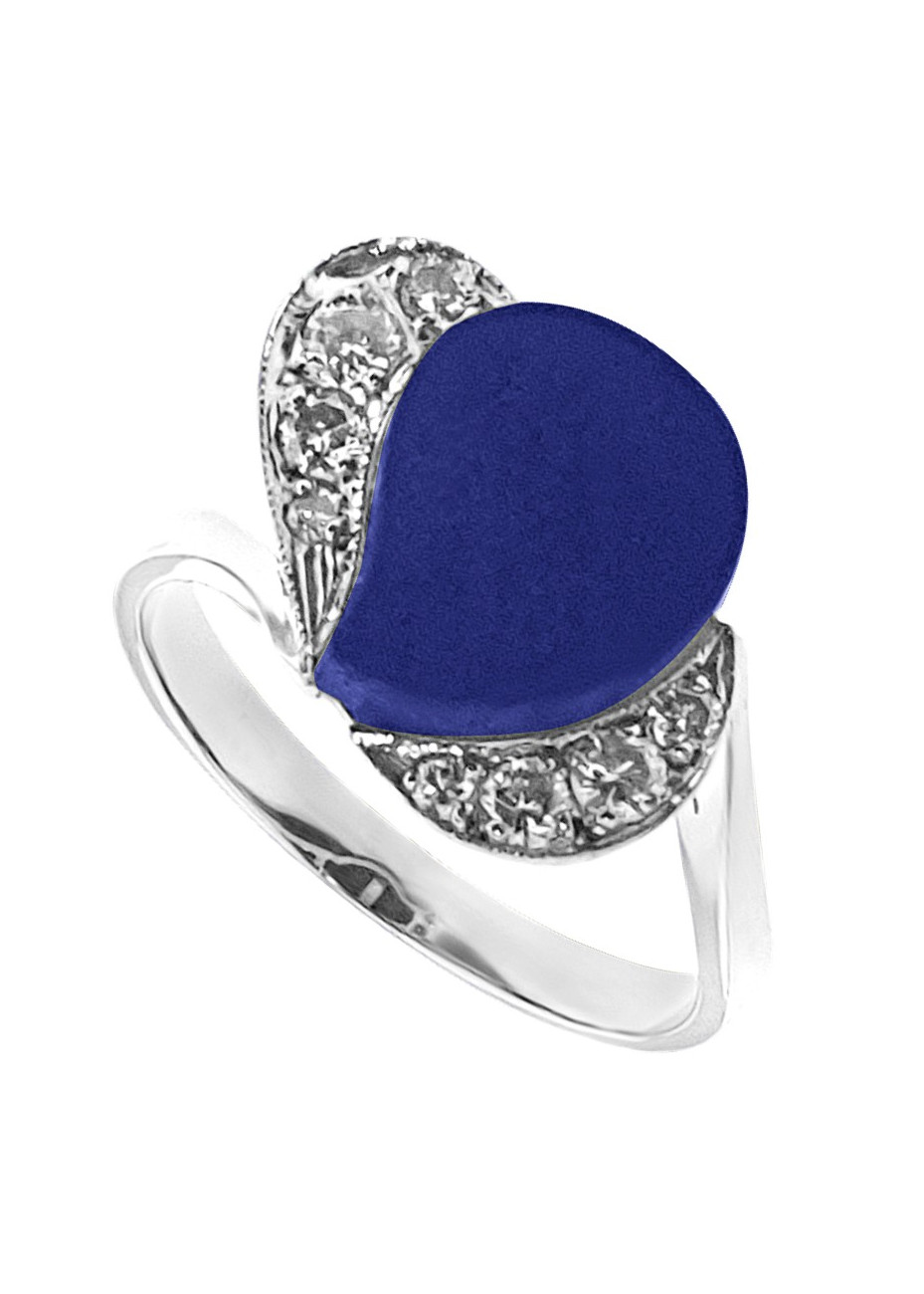 .3.8 gram Witgouden damesring met blauwe Lapis en 0.20 crt. briljant  mt 18.25