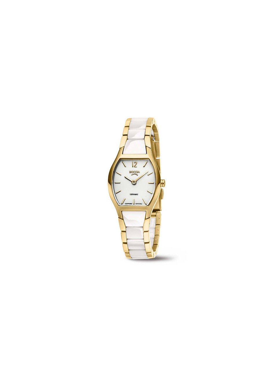 3361-03 Verguld titanium met wit keramiek dameshorloge tonvormig Boccia