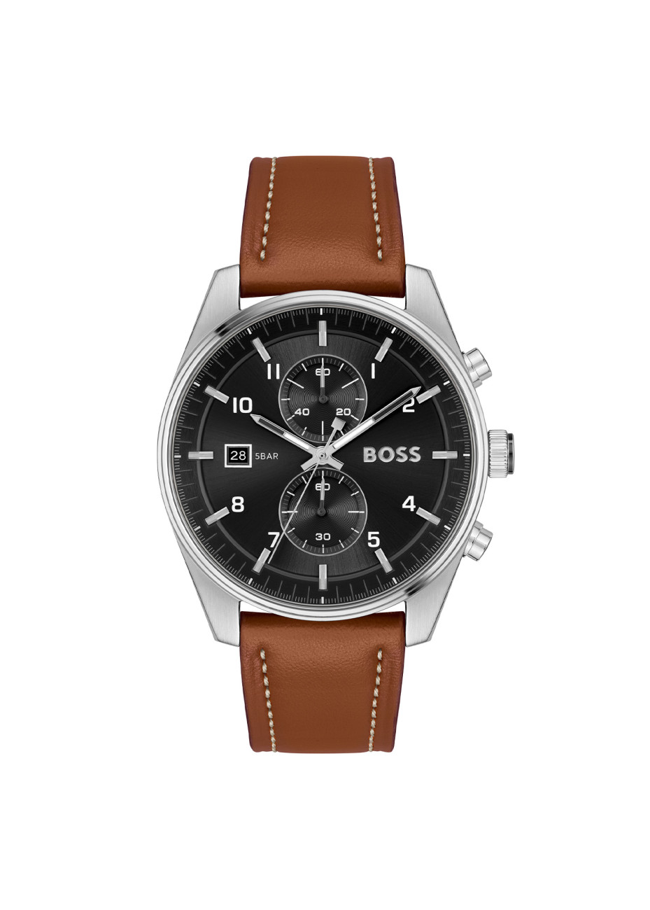 1514161 Boss herenhorloge Skytraveller 44 mm leren band zwart chrono