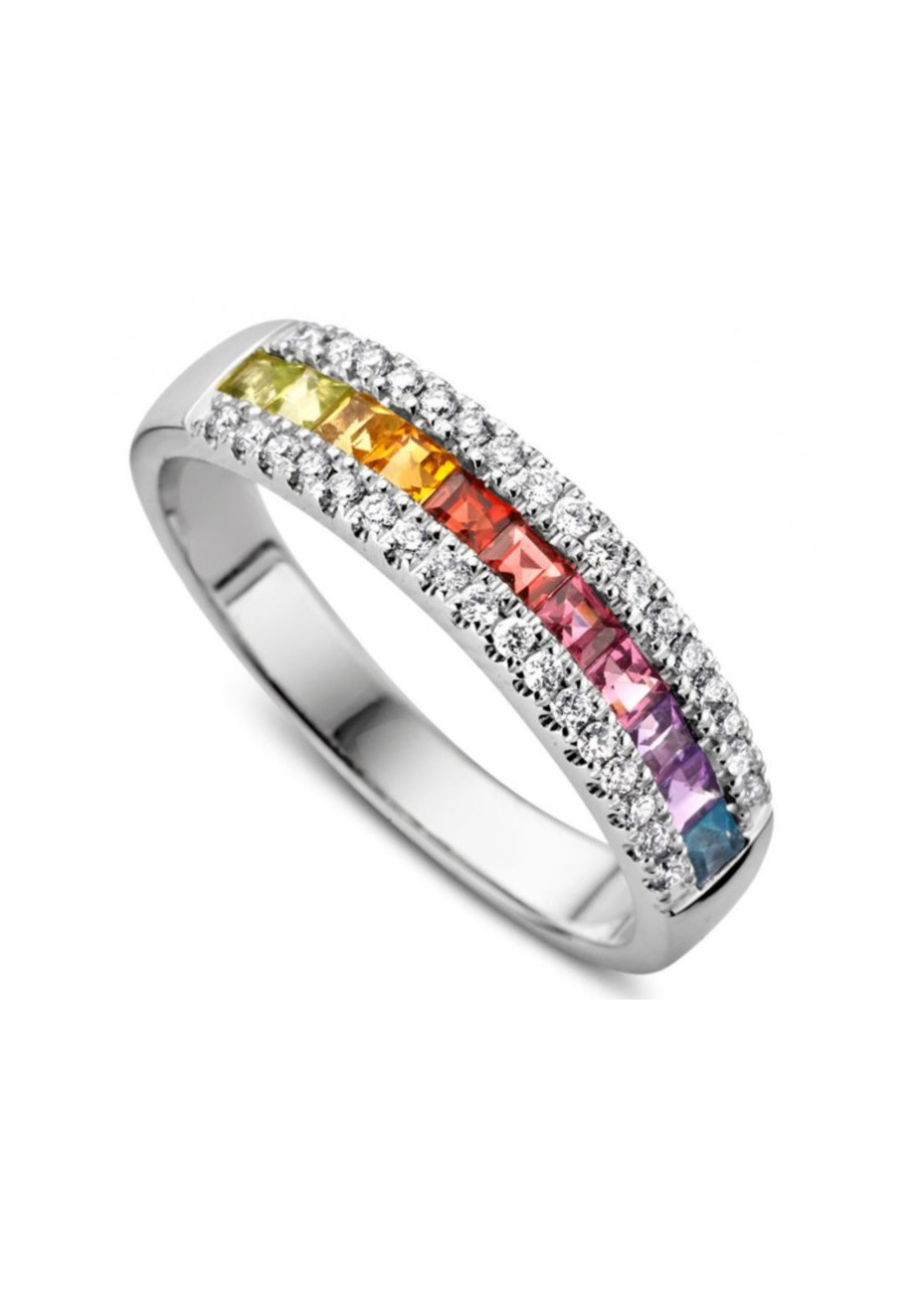 1329-023 Witgouden damesring met 0.23 briljant en regenboogkleur saffier RH217195