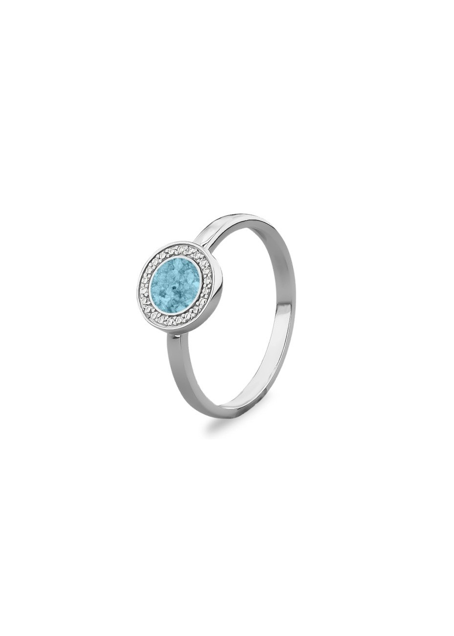 RG056 Zilveren ring met as in hars en een cirkel zirconias