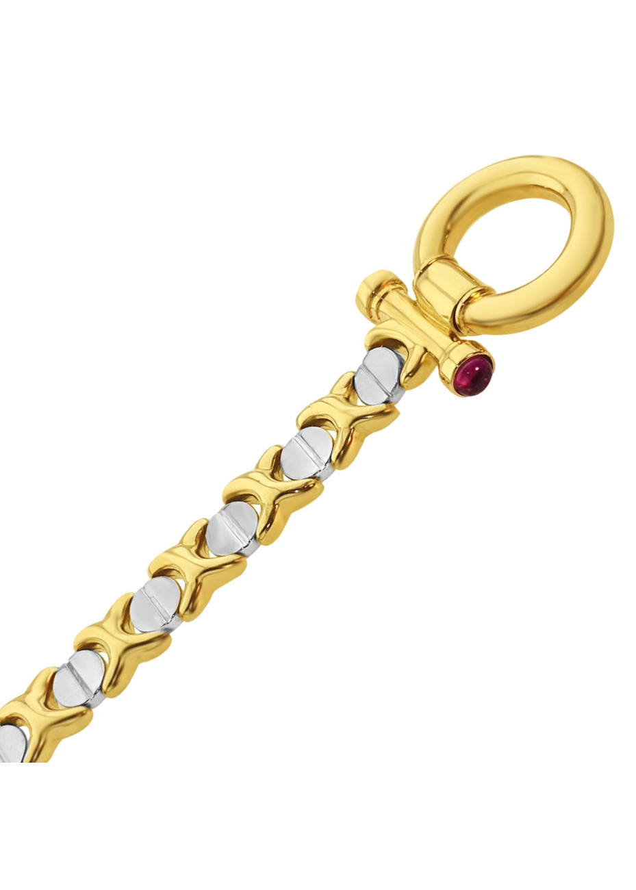 18.3 gram bicolour gouden armband met groot rond slot en robijntjes 19.5 cm 8-19 mm