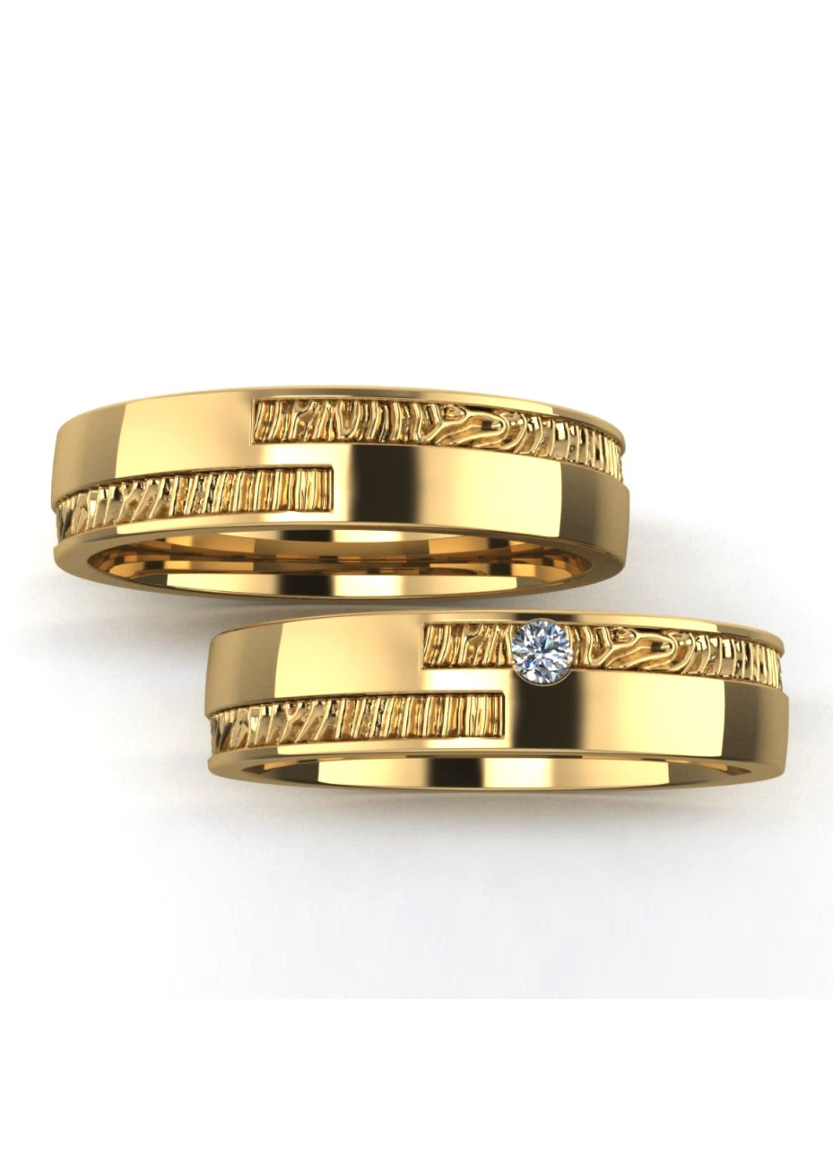 TOUTR-1 Gouden trouwringen met groeven met vingerafdruk en 0.02 labgrown briljant 4.4 mm
