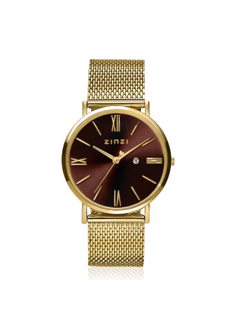 ZIW536M ZINZI Roman horloge 34mm bruine wijzerplaat geelgoudkleurige stalen kast en mesh band
