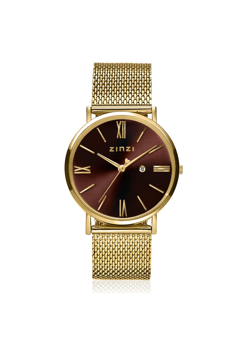 ZIW536M ZINZI Roman horloge 34mm bruine wijzerplaat geelgoudkleurige stalen kast en mesh band