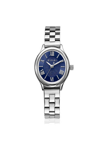 ZIW2955 ZINZI Belle Ovale 26mm zilverkleurig horloge blauwe wijzerplaat en stalen schakelband