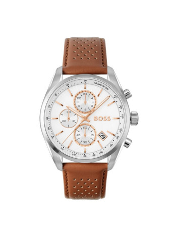 1514313 Boss herenhorloge leer bruin wit Grand Prix 44 mm