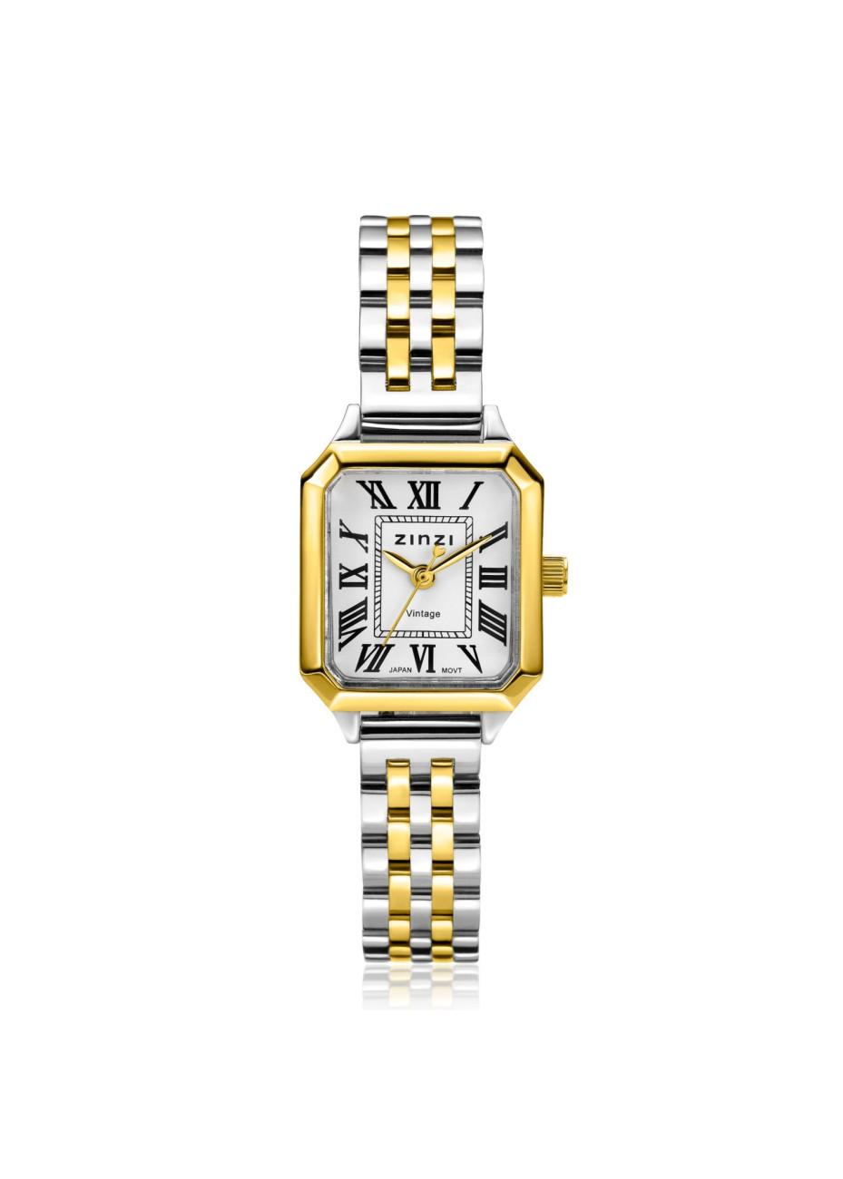 ZIW2607 ZINZI retro horloge 24mm achthoekige geelgoudkleurige kast, witte wijzerplaat, bicolor stalen band