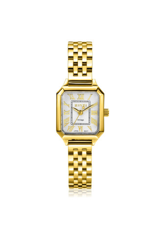 ZIW2633 ZINZI doublé retro horloge 24mm achthoekige geelgoudkleurige kast, zilverkleurige plaat