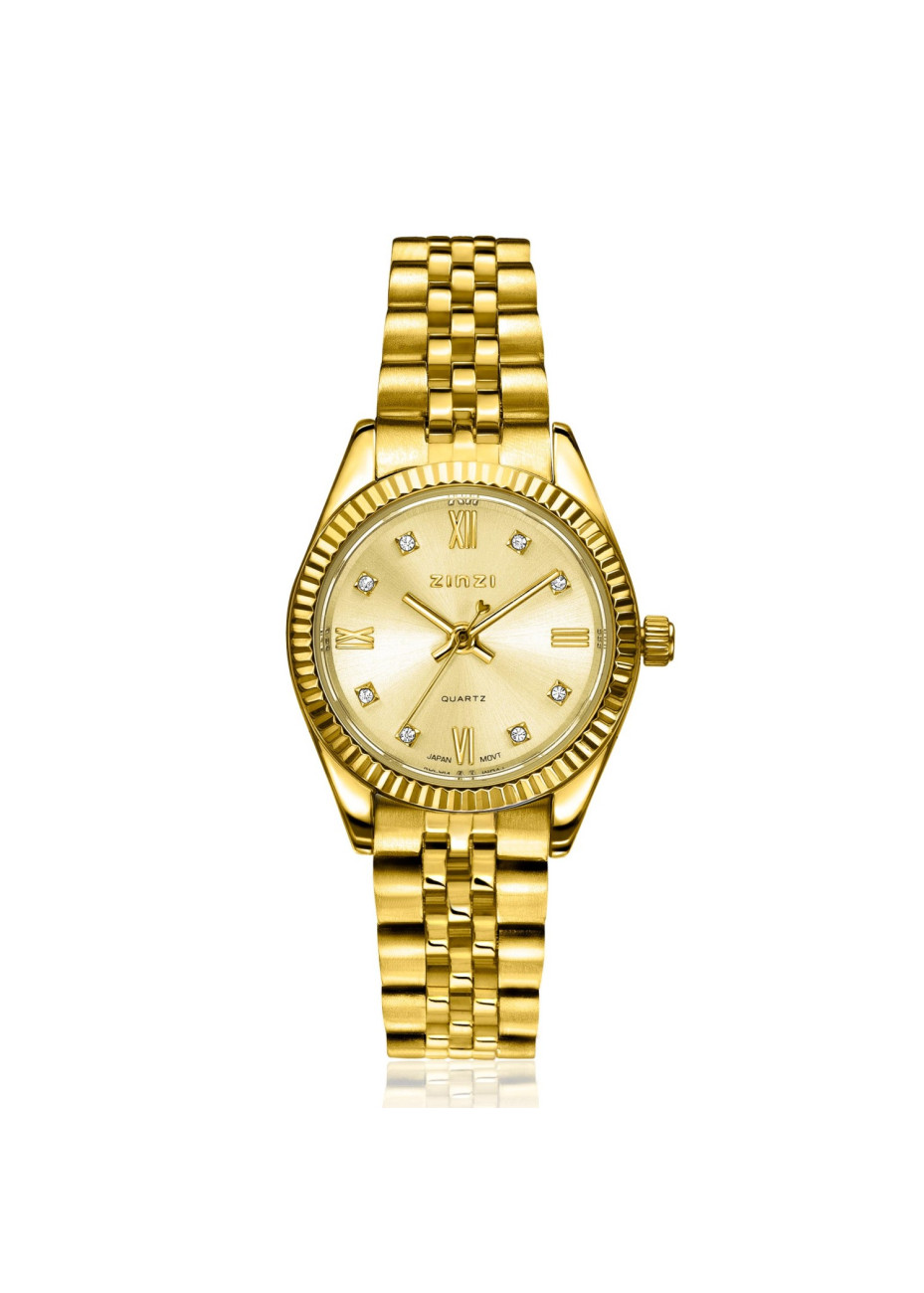 ZIW2710 ZINZI Mini Iconic horloge 24mm met goudkleurige wijzerplaat, witte zirkonia's als uur-aanduiding doublé