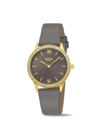 3382-03 Verguld dameshorloge met zirconia lunette leren band Boccia