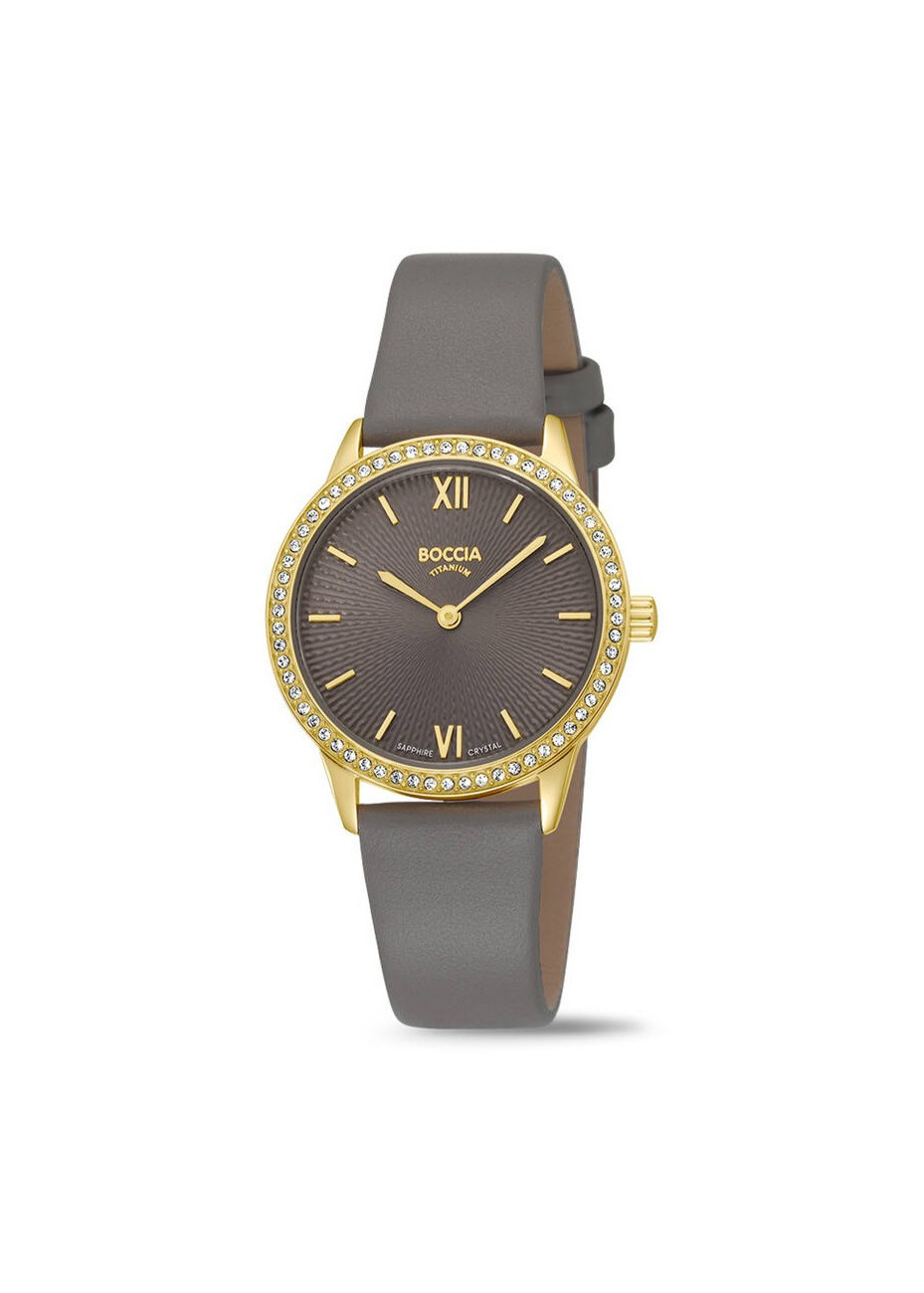 3382-03 Verguld dameshorloge met zirconia lunette leren band Boccia