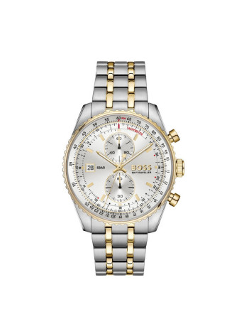 1514350 Boss herenhorloge Skytraveller pro 43 mm bicolour band zilverkleur 5 ATM Saffierglas
