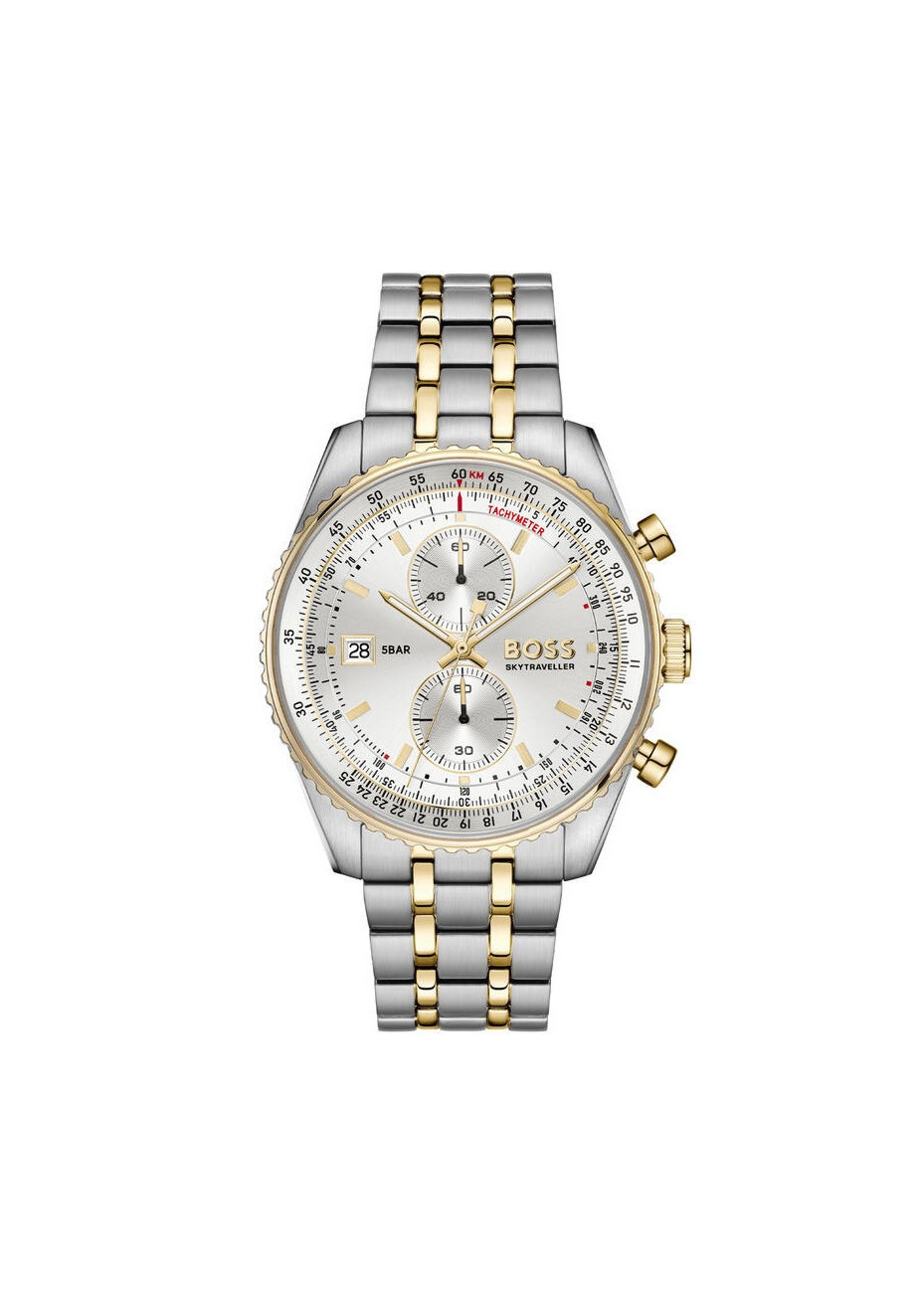 1514350 Boss herenhorloge Skytraveller pro 43 mm bicolour band zilverkleur 5 ATM Saffierglas