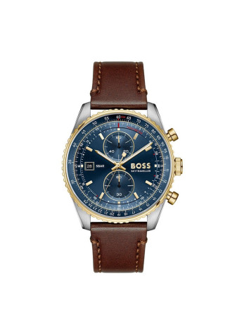 1514346 Boss herenhorloge Skytraveller pro 43 mm leren band blauw 5 ATM Saffierglas