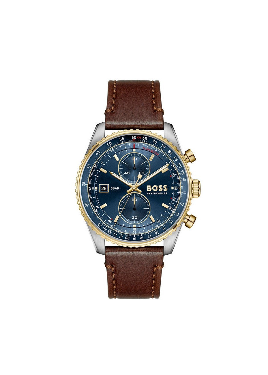1514346 Boss herenhorloge Skytraveller pro 43 mm leren band blauw 5 ATM Saffierglas